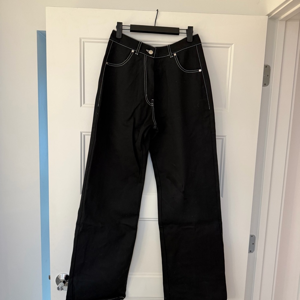 Black Wide-Leg Pants with White Stitching